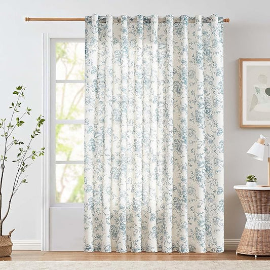 jinchan Linen Floral Curtains Extra Wide for Patio Sliding Glass Door Room Divider Curtain for Living Room 84 Inch Length Farmhouse Peony Blue Printed Curtain Set 1 Panel