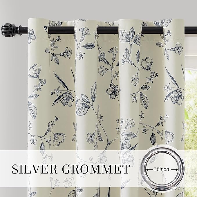 ChrisDowa Beige 100% Blackout Curtains 63 Inches Long 2 Panels for Bedroom Living Room Navy Blue Flower Patterned Room Darkening Thermal Insulated Soundproof Grommet Window Treatments Drapes,52X63