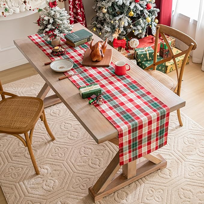 Red Gold Plaid Christmas Table Runner, Winter Holiday Table Runners 90 inches Long, Xmas Decorations Indoor Outdoor Farmhouse Home Kitchen Dining Party Decor