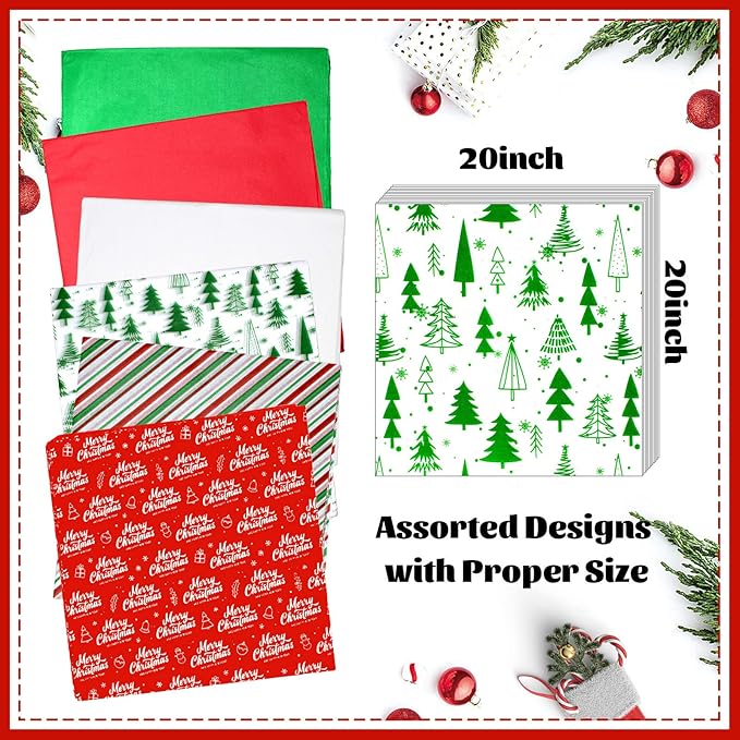 120 Sheets Christmas Tissue Paper for Gift Bags Wrapping, Assortment Holiday Tissue Paper for Gift Wrapping, Gift Decoration, Art & Craft (20 x 20 inches)
