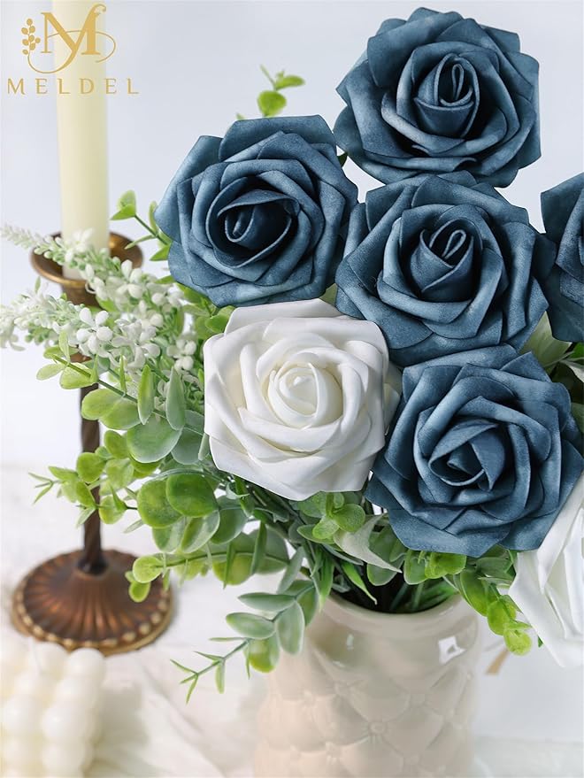 Meldel Artificial Flowers 50pcs Real Looking Dutch Blue Dusty Blue Foam Fake Roses with Stems for DIY Wedding Bouquets Bridal Shower Centerpieces Floral Arrangements Home Decorations Crafts Gifts