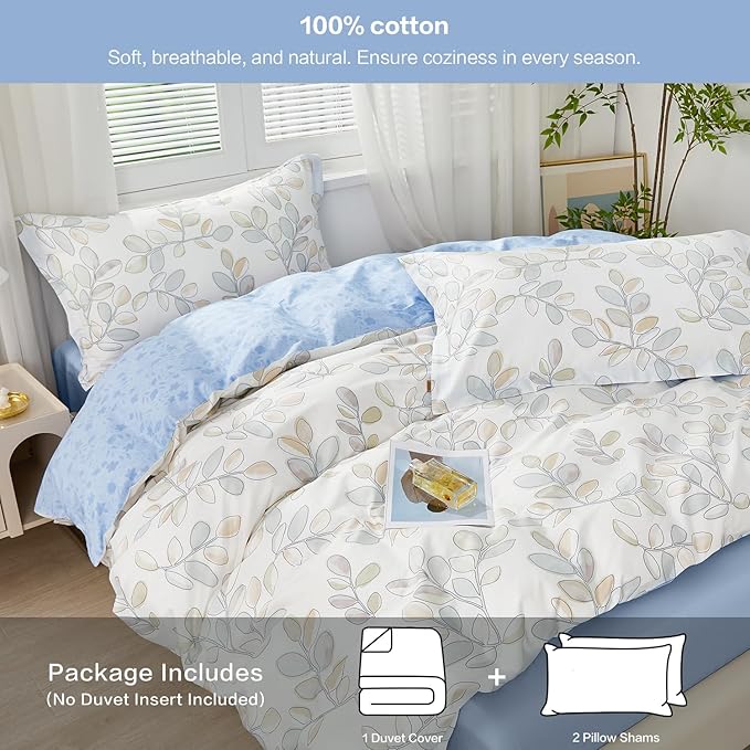 SAPHREAS King Size Botanical Leaves Pattern Duvet Cover 3pcs Blue Leaf Cotton Garden Style Bedding Comforter Cover Set 1 White Quiltuvet Cover 104"x90" 2 Pillow Shams, Comforter Not Included