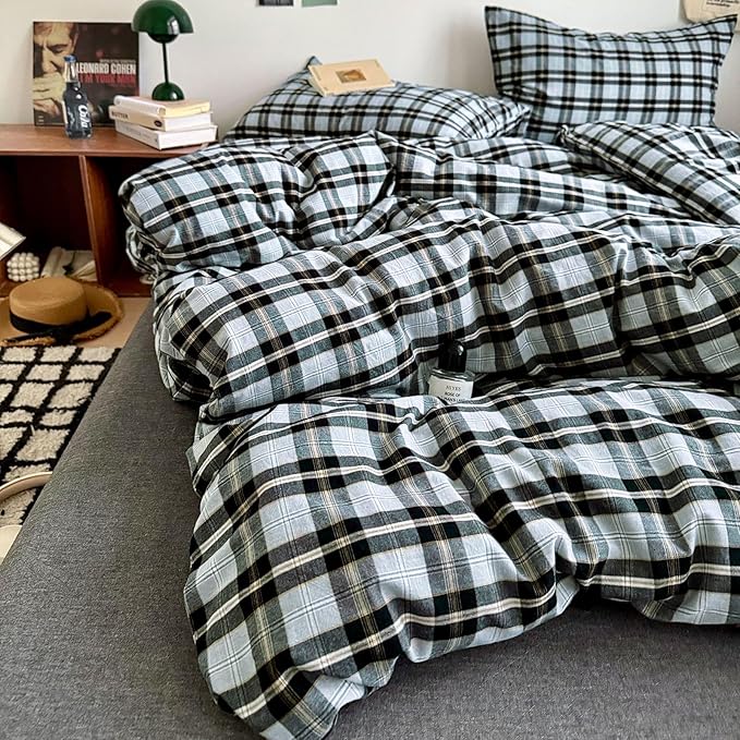 LifeTB Queen Comforter Set Grey Black Plaid Comforter Set, 3 Pieces Vintage Checkered Pattern Grid Comforter with 2 Pillowcases, Fluffy Soft Farmhouse Plaid Bedding Gingham Comforter Set Queen