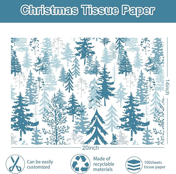 Whaline 100 Sheets Christmas Tissue Paper Blue Xmas Tree Gift Wrapping Paper Decorative Art Paper for Winter Home Party DIY Crafts Supplies, 14 x 20 Inch