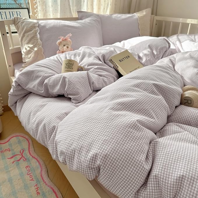 LifeTB Purple Gingham Duvet Cover Queen Cozy Washed Microfiber Purple Checkered Plaid Duvet Cover with 2 Pillowcases Romantic White Lace Comforter Cover 3 Pieces Gingham Grid Bedding Set