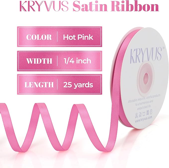 Hot Pink Satin Ribbon, Double Faced 1/4 Inch X 25 Yards Hot Pink Ribbon, Premium Satin Ribbons for Gift Wrapping, Crafts, Hair Bow Making, Sewing, Flower Bouquet, Wedding Party Decor