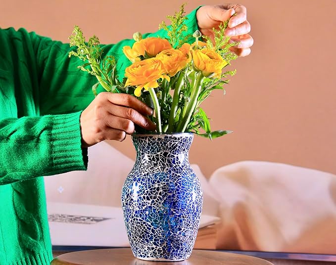 8" H Blue Mosaic Vase.Exquisite Craftsmanship.Decor Home Modern Midsize All Handmade Mosaic Vases .Beautiful Hand-Set Cracked Glass Vase for Home&Office Decor.Unique Gift