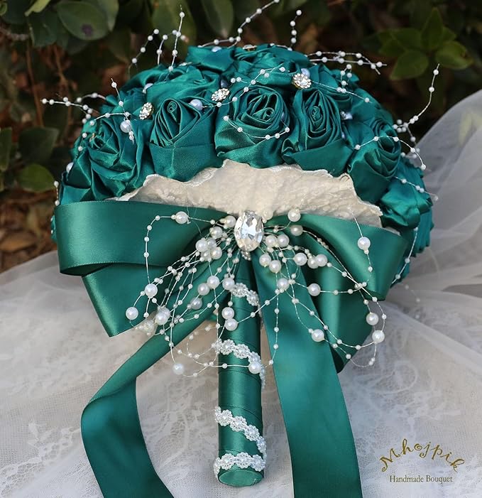 Bridal Wedding Bouquet Round Bling Brooch Bouquet Throw Toss Artificial Rose Flower Bunch for Bride Bridesmaid Wedding Quinceanera(Dark Green, 8.7")
