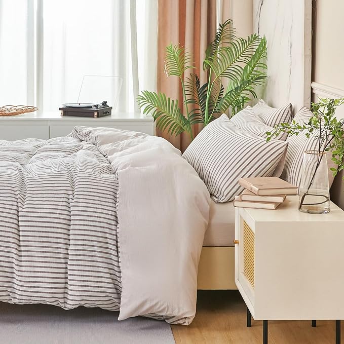 King Grey Duvet Cover Striped Washed Microfiber Jacquard 3 Pieces Bedding Set, Grey White Vertical Ticking Stripes Pattern Comforter Cover with Zipper Closure Breathable Durable Soft Comfy