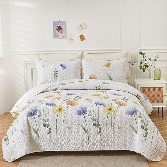 Dinjoy Yellow Blue Quilt Set Full Size, Floral Bedspread Set 3 Pieces Reversible Quilted Fall Bedding Set Microfiber Lightweight Bedspreads Coverlet Farmhouse Bed Cover Sets for Women Girls