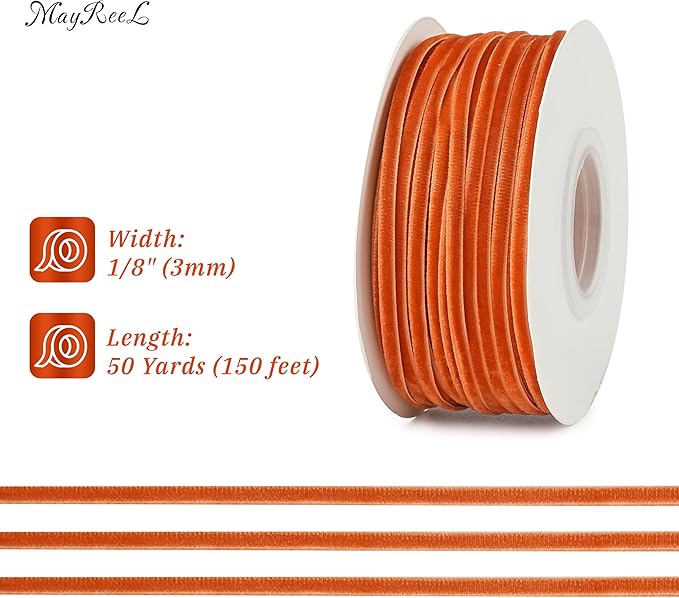 MAYREEL 1/8 Inch Terracotta Velvet Ribbon Thin Burnt Orange Vintage Ribbon for Wedding Invitations Crafts Gift Wrapping Party Favor Boxes 50 Yards