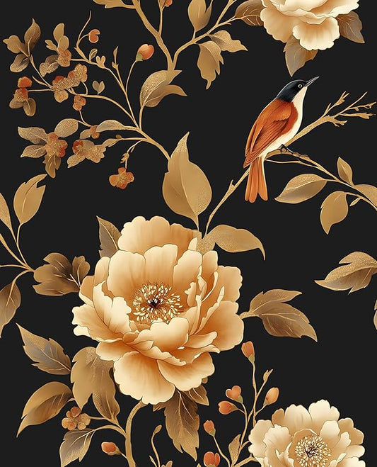 Vintage Floral Bird Wallpaper Peel and Stick Boho Wallpaper 17.5in x393in Black/Golden Floral Wall Mural Waterproof Self-Adhesive Modern Wall Paper for Bedroom Kitchen Cabinet Drawer Decor