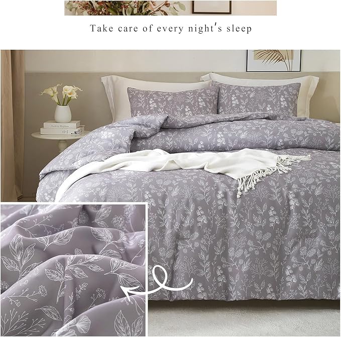 EAVD Vintage Style Garden Grey Floral Duvet Cover Queen Soft Cotton Chic Shabby Floral Bedding Set with 2 Pillowcases Fresh Reversible Botanical Duvet Cover with Zipper Closure