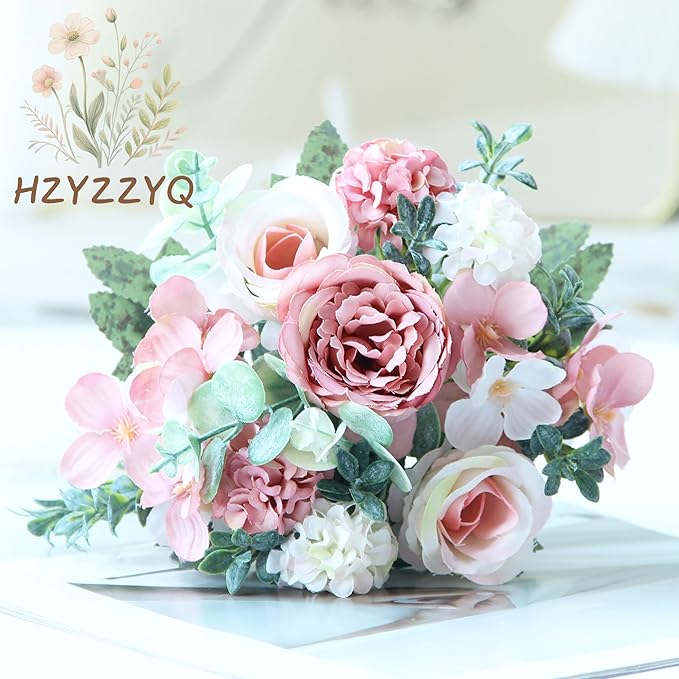 2 Pack Artificial Peony Flowers, Silk Peonies Flowers Fake Peonies Artificial Flowers Peonies Hydrangea Bouquet for Centerpiece Table Wedding Party Home Decor (2, Pink + White)