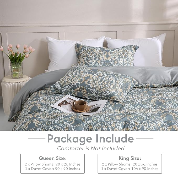 LONAVA Queen Paisley 3 Pcs Duvet Cover Set, Breathable Soft Microfiber Grey Lining Comforter Cover with Zipper Closure, and 2 Anti-Pilling, Fade Resistant Pillowcases, Green Pasliey