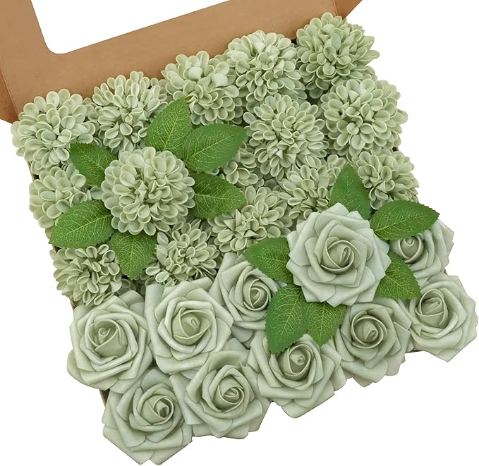 Artificial Flowers, 50pcs Sage Green Artificial Rose for DIY Wedding Bouquets Centerpieces Arrangements, Sage Green Rose and Dahlia Flowers with Stem for Bridal Shower Party Home Decorations