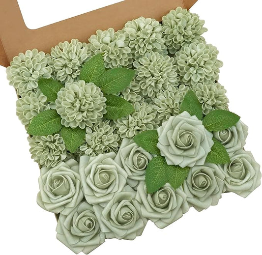 Artificial Flowers, 25pcs Sage Green Artificial Rose for DIY Wedding Bouquets Centerpieces Arrangements, Sage Green Rose and Dahlia Flowers with Stem for Bridal Shower Party Home Decorations
