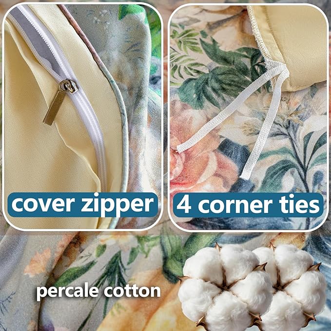 Blue Floral Duvet Cover Set 100% Percale Cotton King Size Shabby Vintage Chic Penoy Patterned Comforter Covers with Zipper，Soft & Breathable French Country Bedding 3Pcs-Not Comforter