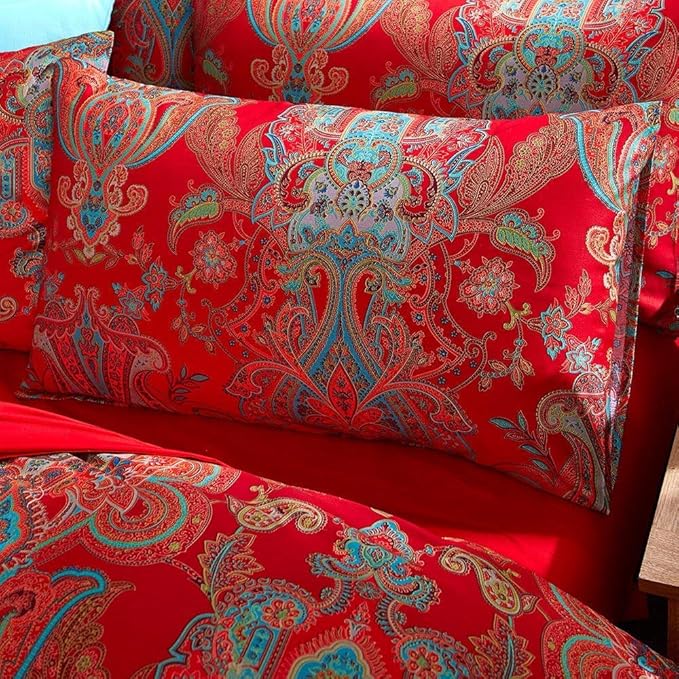 Vintage Red Floral Duvet Cover King Percale Long Staple Cotton Comforter Cover Floral Paisley Farmhouse Boho Flower Jacquard Bedding Set King Luxury Floral Red Duvet Cover with Zipper Ties