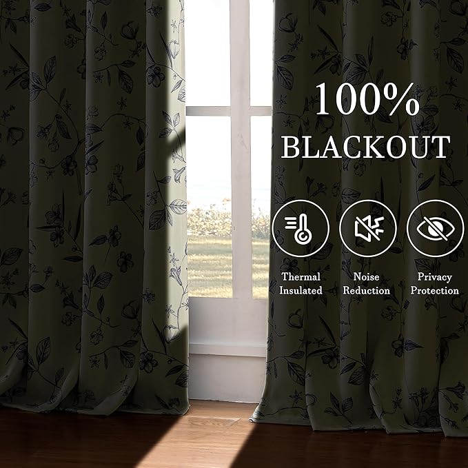 ChrisDowa Beige 100% Blackout Curtains 84 Inches Long 2 Panels for Bedroom Living Room Navy Blue Flower Patterned Room Darkening Thermal Insulated Soundproof Grommet Window Treatments Drapes,52X84