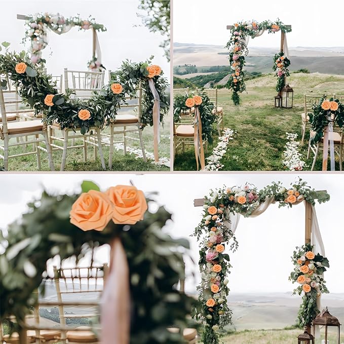 100PCS Orange Artificial Flowers Roses Real Looking Foam Fake Roses with Leaves and for DIY Wedding Bouquets Bridal Shower Centerpieces Party Decorations (Orange, 100)