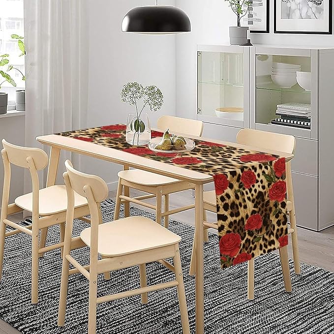 Red Rose Leopard Print Table Runner, Romantic Vintage Rose Flower Spring Summer Dinner Runner Table Decoration for Home Kitchen Dining Holiday Wedding Party 13x90in