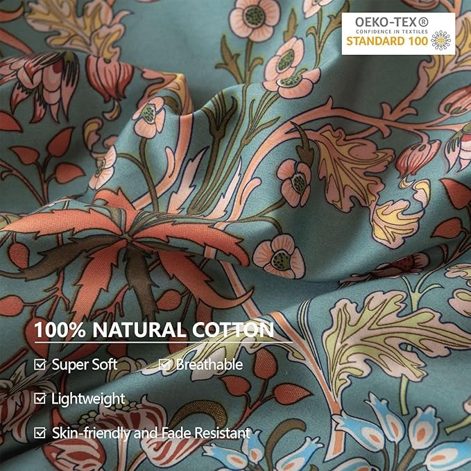 EAVD Vintage Style Botanical Floral Duvet Cover Queen Soft 100% Cotton Garden Floral Bedding Set for children,teens,adults, boys,girls,women&men Boho Floral Comforter Cover with Zipper Closure 4 Ties
