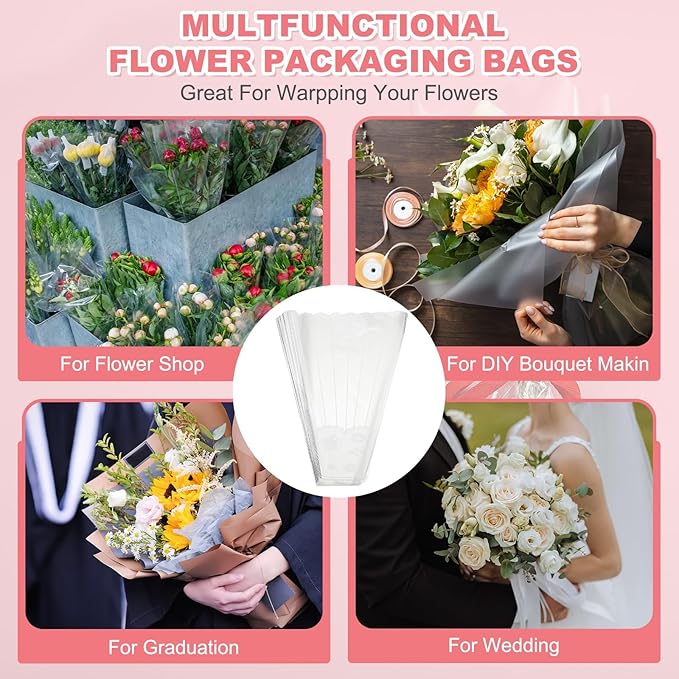 YELARXI Clear Flower Wrapping Bags, Transparent Flower Packaging Bag Waterproof Bouquet Sleeves with Lace - Fitting for (Florists/Floral Arrangements Supplies), 11.0x3.9x17.7 Inch & 100Pcs