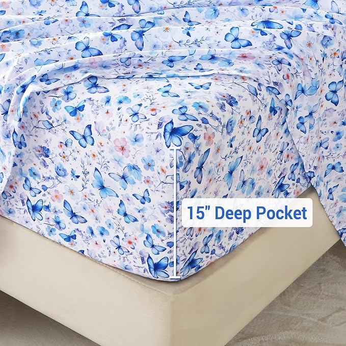 Softan Full Floral Sheets, Microfiber Blue Flower Printed Fitted Sheets with Non-Slip Corner Straps and 15" Deep Pocket, Butterfly Patterned Cozy Bed Sheets Double Sheets & Pillowcase Sets