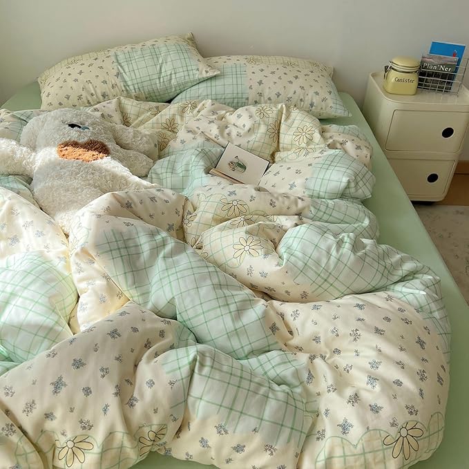 LifeTB Muslin Cotton Duvet Cover Set Full Size Vintage Style Floral Duvet Cover Soft Breathable Comforter Cover Farmhouse Flower Plaid Bedding Set Linen Feel Gauze Comforter Cover with Zipper Closure