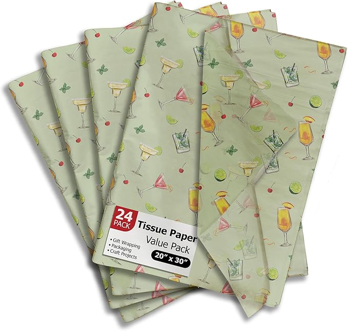 Pro Supply Global Cocktails Printed Tissue Paper for Gift Bags or Boxes and Wrapping - Bulk Decorative Art Tissue Paper for Packaging and Gifting | 24 Sheets 20" x 30"