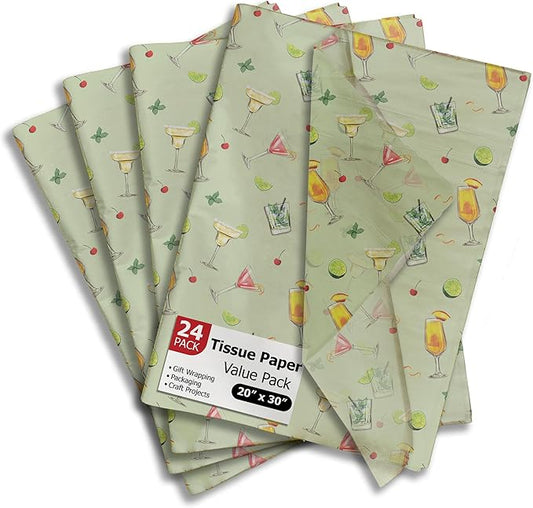 Pro Supply Global Cocktails Printed Tissue Paper for Gift Bags or Boxes and Wrapping - Bulk Decorative Art Tissue Paper for Packaging and Gifting | 24 Sheets 20" x 30"