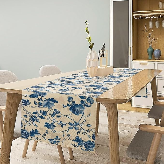 Vintage Floral Table Runner, Retro Blue Flowers Farmhouse Design Table Runner for Kitchen Dining Holiday Party Decor, 13x36 Inch