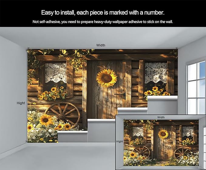 Rustic Cabin Sunflower Wall Mural, Vintage Cottage Door Sunflower 3D Wall Murals, Farmhouse Nature Wallpaper Mural, for Living Room Bedroom Large Wallpaper Indoor Decor 197" W x124.8 H