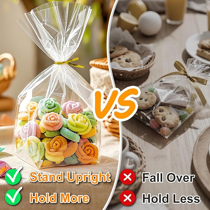 PigPotParty Cellophane Treat Bags 6"x9", 50 Pack Clear Goodie Bags, Bottom Gusset for Stand-Up Display, Small Plastic Gift Wrap for Cookies, Candy, Party Favors, Popcorn, Includes 50 Gold Ties