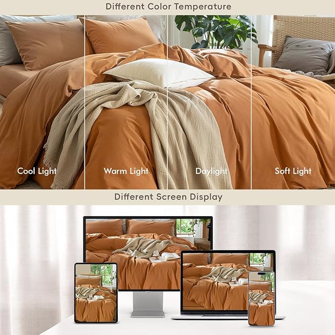MooMee Bedding Duvet Cover Set 100% Washed Cotton Linen Like Textured Breathable Durable Soft Comfy (Solid Burnt Orange, Twin 68"x90")