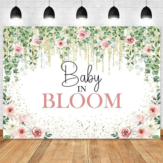 Sensfun Baby in Bloom Backdrop Green Leaves Pink Flowers Baby Shower Party Decorations Girls Greenery Floral Baby in Bloom Banner Gold Glitter Dots Photography Background Cake Table Supplies 7x5ft
