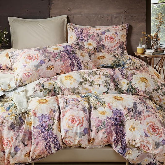 100% Cotton Duvet Cover King Size – Romantic Garden Impressionist Floral Duvet Cover Set with Zipper Closure, 3-Piece Luxury & Soft Bedding Set for All Seasons