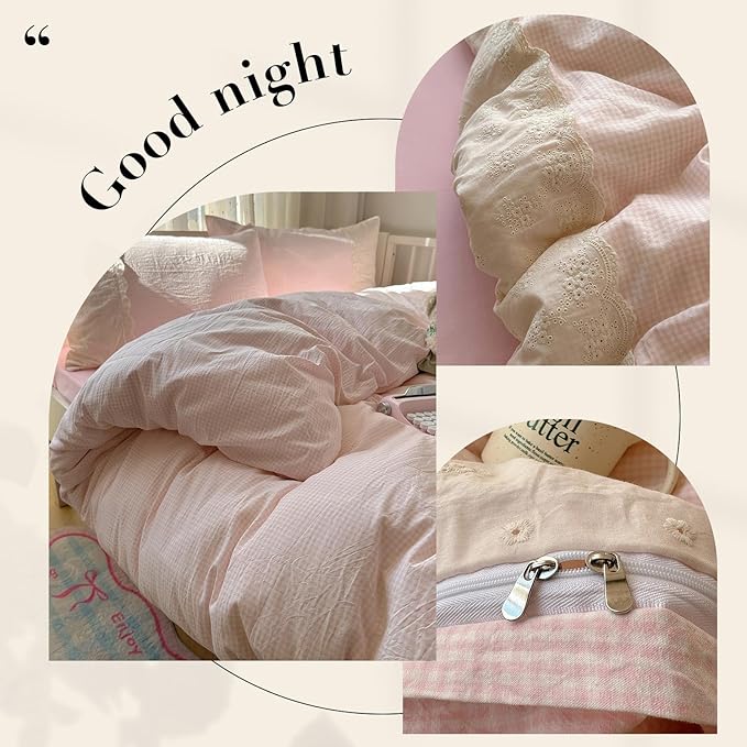 LifeTB Pink Gingham Duvet Cover King Size 3 Pieces Romantic Lace Duvet Cover Pink Plaid Checkered Comforter Cover with 2 Pillowcases Soft Breathable Microfiber Grid Farmhouse Plaid Bedding Set