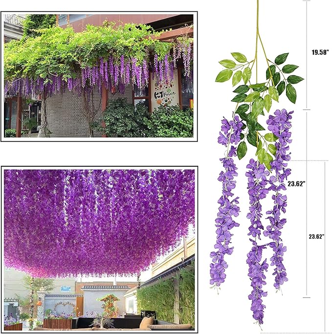 Artificial Flowers Hanging Flowers, Fake Garland Silk Vines Rattan String Decor for Home Wedding Arch Wall Garden Greenery Bedroom Outdoor Office Party Decoration (12, Purple)