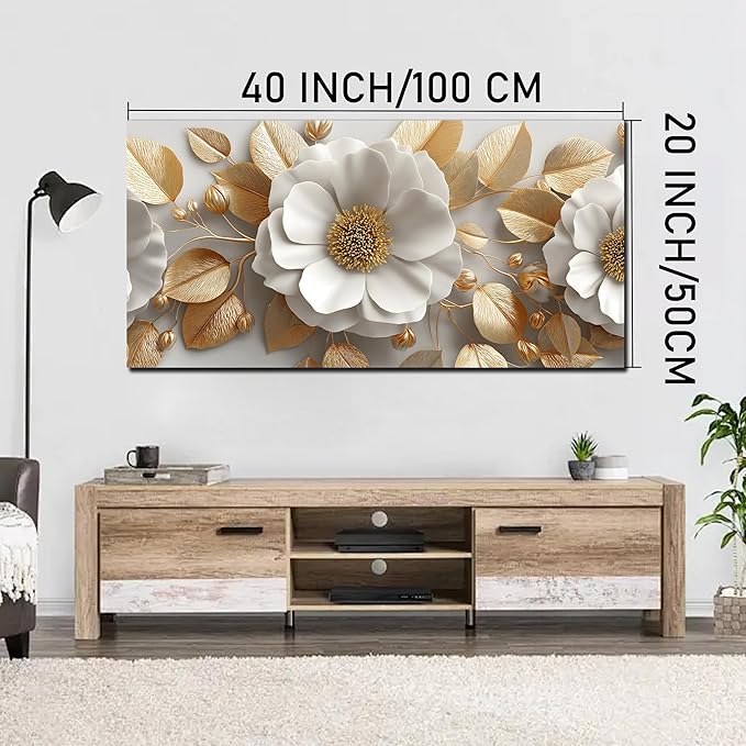Tarfupth Floral Canvas Wall Art for Living Room Gold and White Flowers Large Botanical Artwork for Bedroom Office Home Decor Canvas Prints 20"x40"