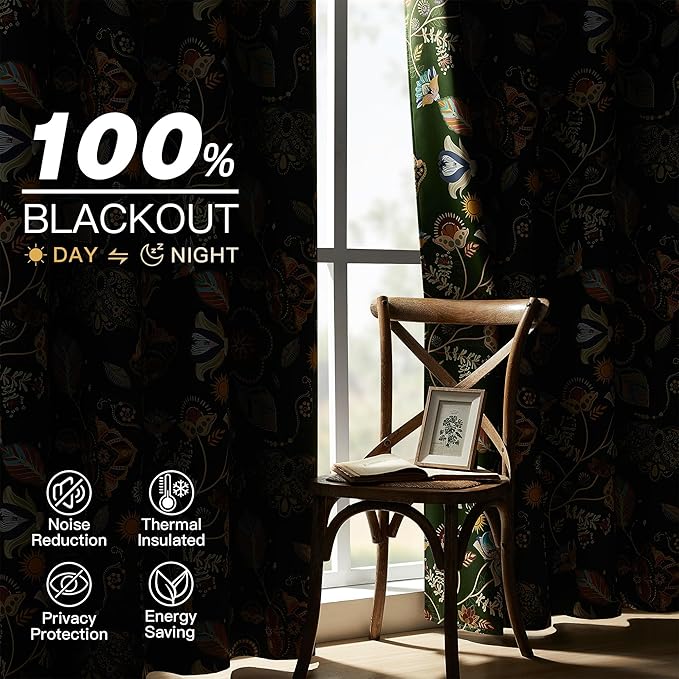 XiDi Green Floral Curtains 108 Inches Long 2 Panels Vintage Patterned Blackout Curtains for Living Room Thermal Insulated Grommet Luxury Cottage Core Botanical Printed Drapes Moss Green 52x108