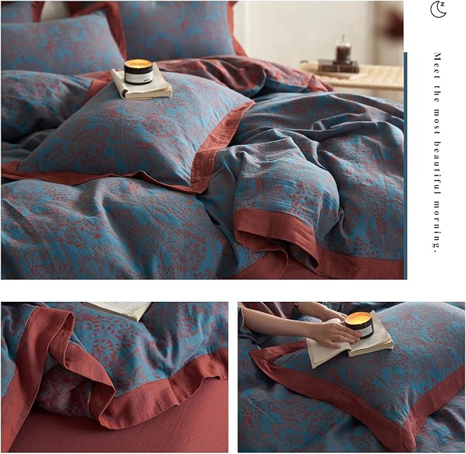 Jacquard Duvet Cover King Yarn-Dyed Cotton Blue Floral Duvet Cover Reversible Burgundy Red Tree Leaves Bedding Comforter Cover Vintage Country Bedding Cottagecore Botanical Duvet Cover Set King Size