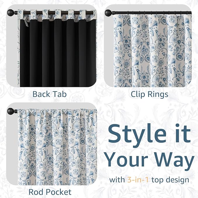 jinchan Floral Blackout Curtains for Bedroom Living Room 96 Inches Length Farmhouse Curtains Room Darkening Vintage Drapes Traditional Rod Pocket Window Treatment 2 Panels Set Blue on Beige