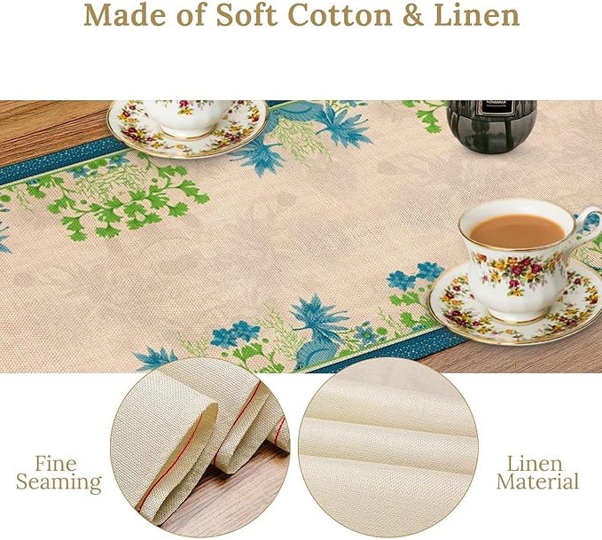 Vintage Floral Table Runner, Elegant Blue Flowers Nature Design Table Runner for Kitchen Dining Holiday Party Home Decoration, 13x120 Inch