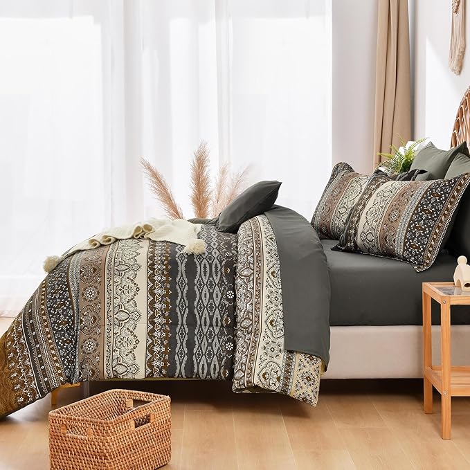 Cottolester Boho Comforter Set California King Size 8 Pieces,Brown Black Bohemian Comforter Paisley Striped Bed in A Bag,Soft Microfiber Bedding Set for All Season