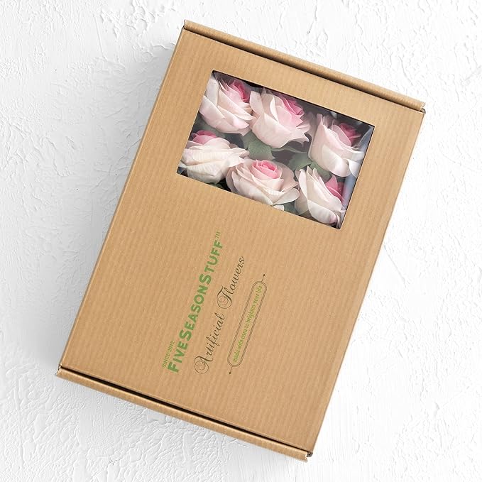 FiveSeasonStuff Fake Roses Wedding Flowers Real Touch Silk White & Pink Artificial Flowers 12 Stems