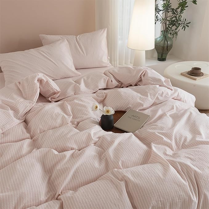 JIYUAN 100% Washed Cotton Striped Duvet Cover Set 3 Pieces Queen, 1 Duvet Cover and 2 Pillowcases(Comforter Not Included),Linen Like Comfy and Breathable,Pinstripes-Heathered Greyish Pink White