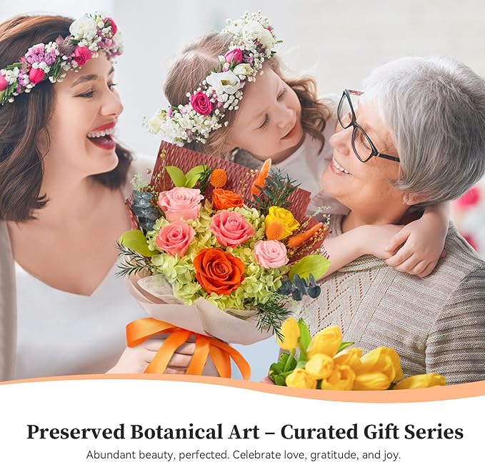 Forever Flowers Gifts for Her, Preserved Flowers Bouquet Birthday Gifts for Women, Preserved Roses for Grandma Wife Anniversary Valentine's Day Mother's Day (7Roses, Orange)