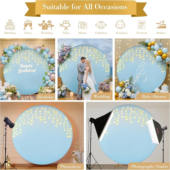 7.2 FT Baby Blue Round Backdrop Cover with Lights String for Circle Arch Stand, Circle Backdrop Covers with LED Fairy Lights for Wedding Baby Shower Boy Birthday Party Photo Shoot Background